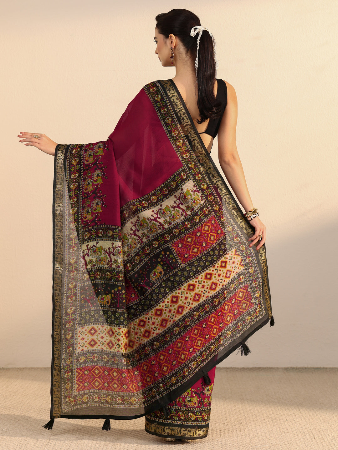  Libas Maroon and Black Printed Silk Blend Tassel Saree 