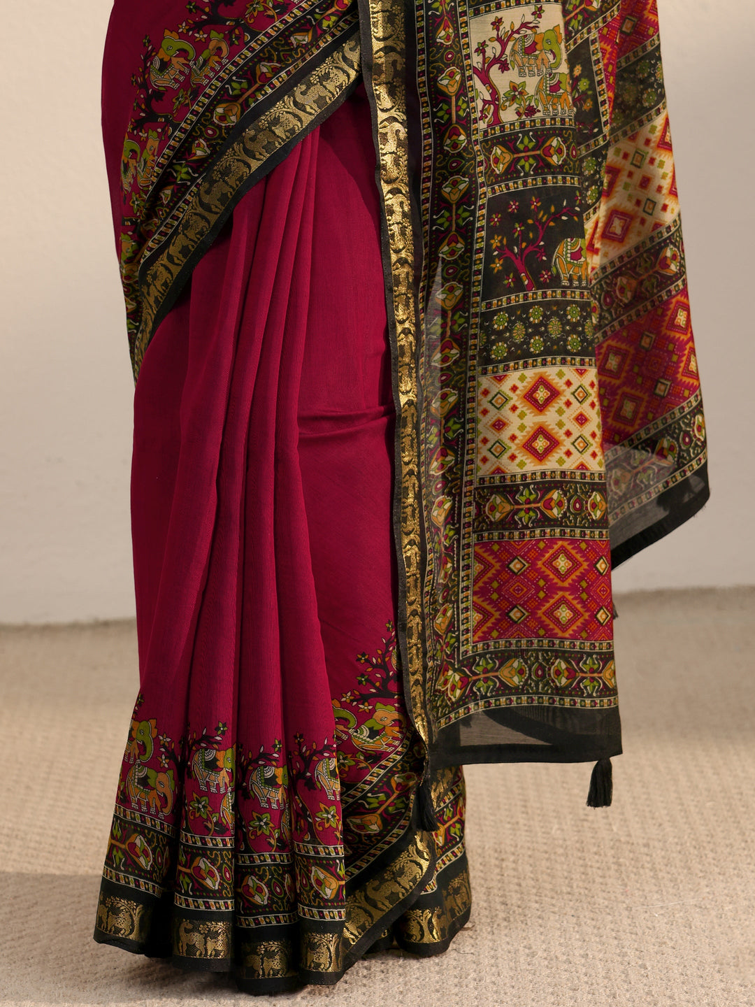  Libas Maroon and Black Printed Silk Blend Tassel Saree 