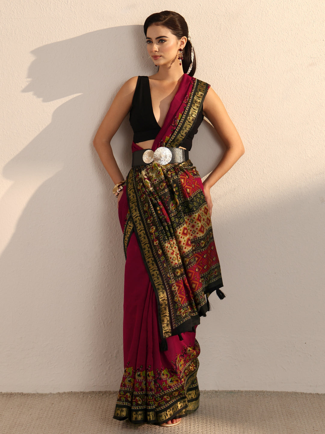  Libas Maroon and Black Printed Silk Blend Tassel Saree 