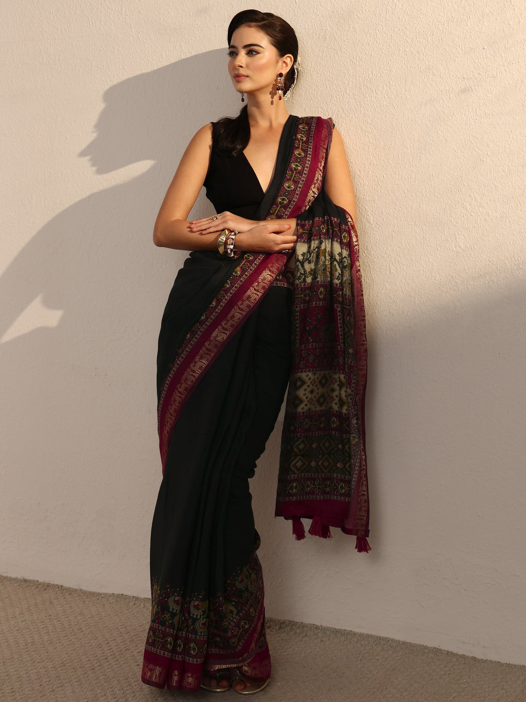  Libas Black and Red Printed Silk Blend Tassel Saree 