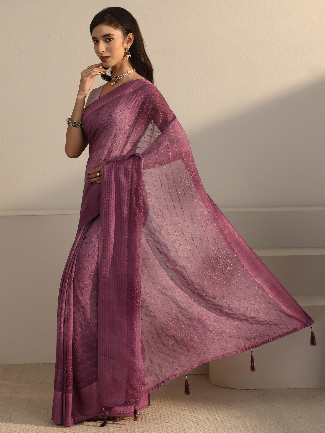  Libas Mauve Striped Georgette Tassel Saree with Embellishments 