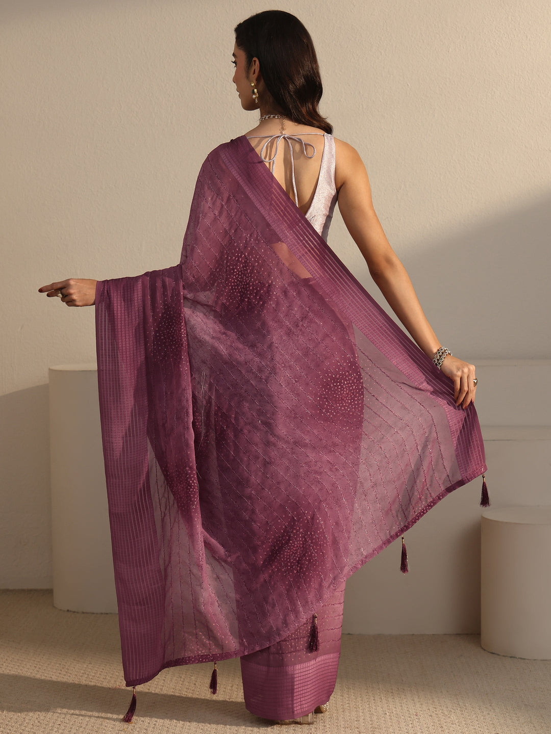  Libas Mauve Striped Georgette Tassel Saree with Embellishments 