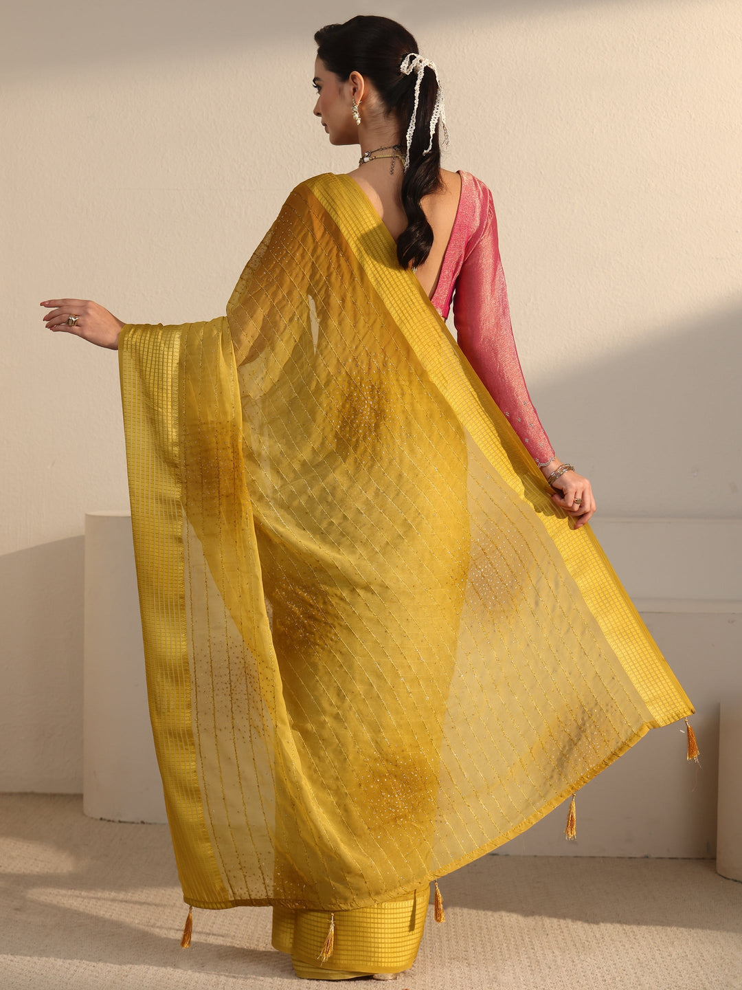  Libas Mustard Striped Georgette Tassel Saree with Embellishments 