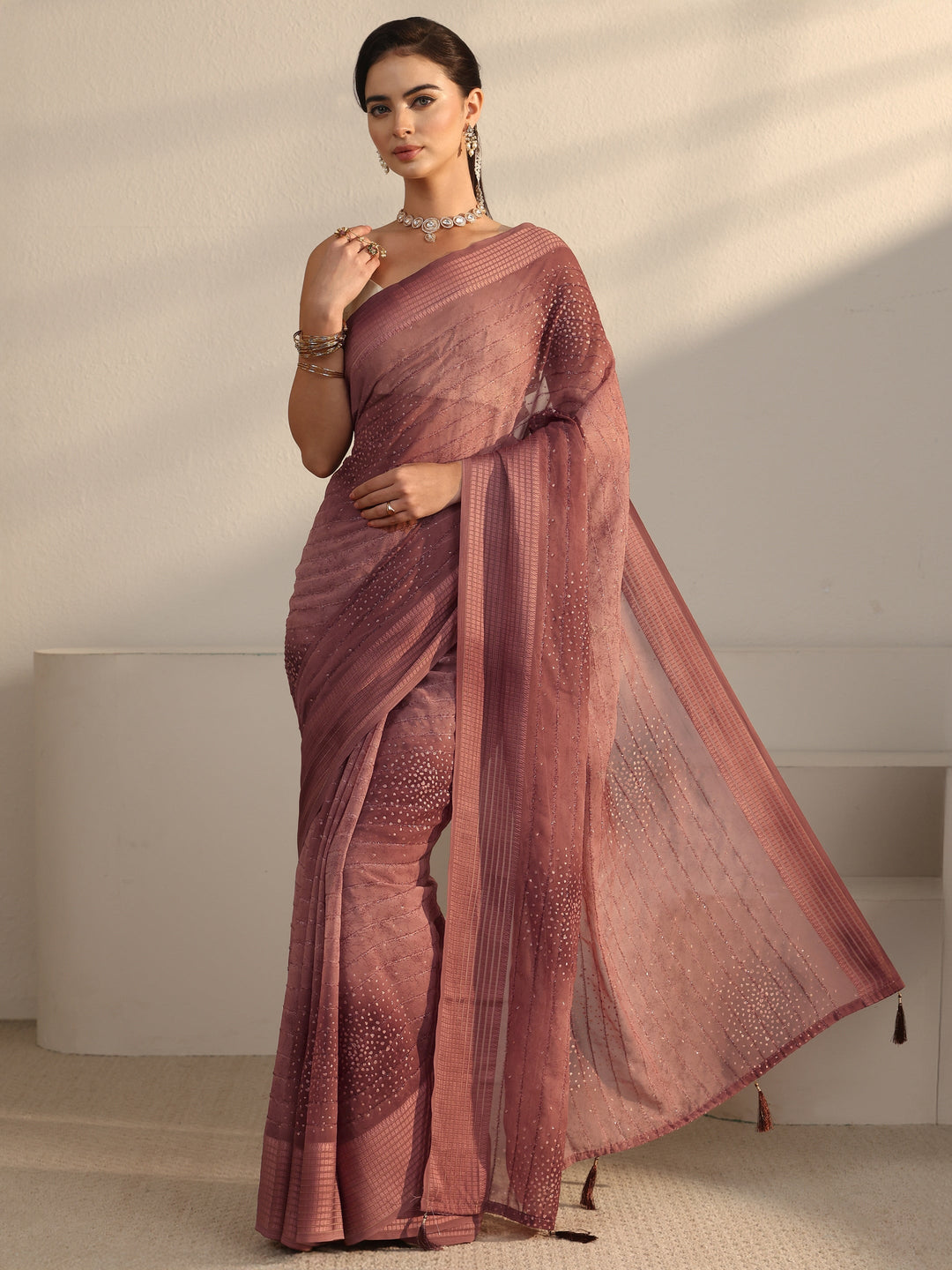  Libas Brown Striped Georgette Tassel Saree with Embellishments 