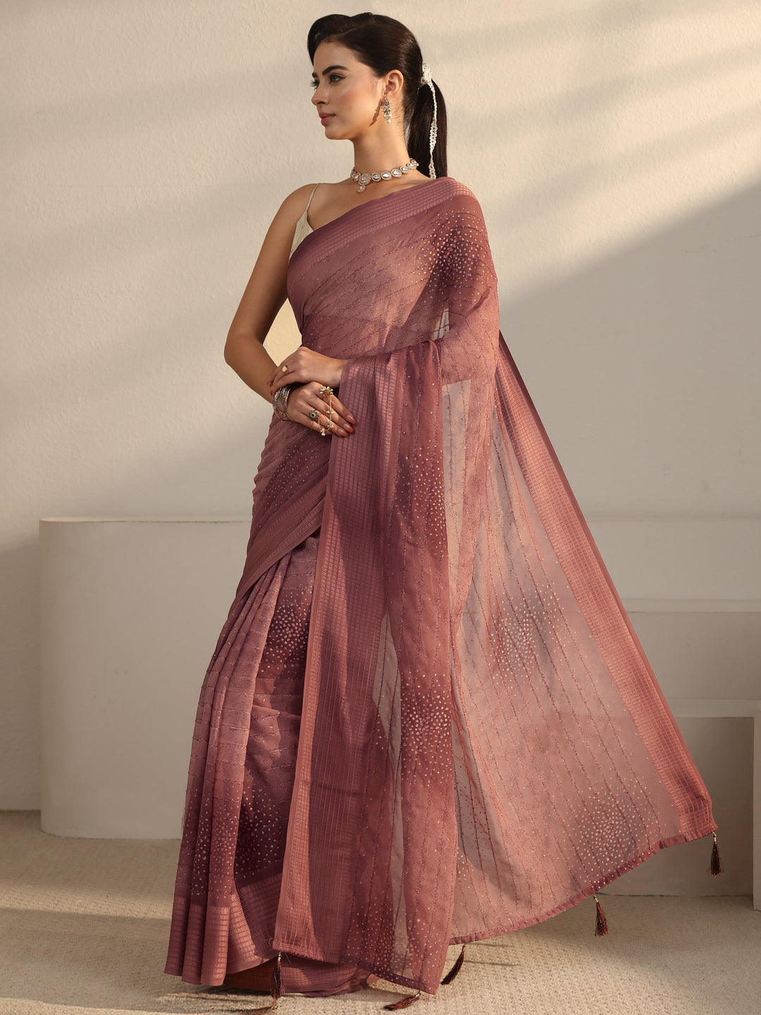  Libas Brown Striped Georgette Tassel Saree with Embellishments 