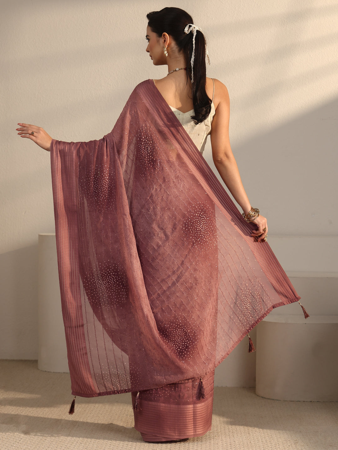  Libas Brown Striped Georgette Tassel Saree with Embellishments 