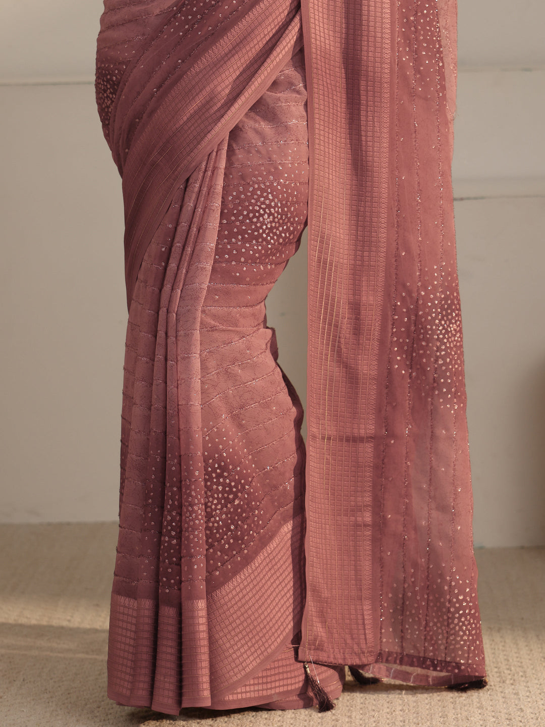  Libas Brown Striped Georgette Tassel Saree with Embellishments 