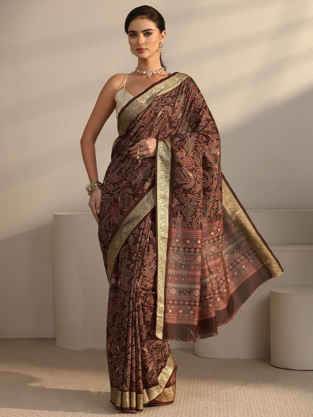  Libas Brown Floral Printed Silk Blend Saree with Woven Border 