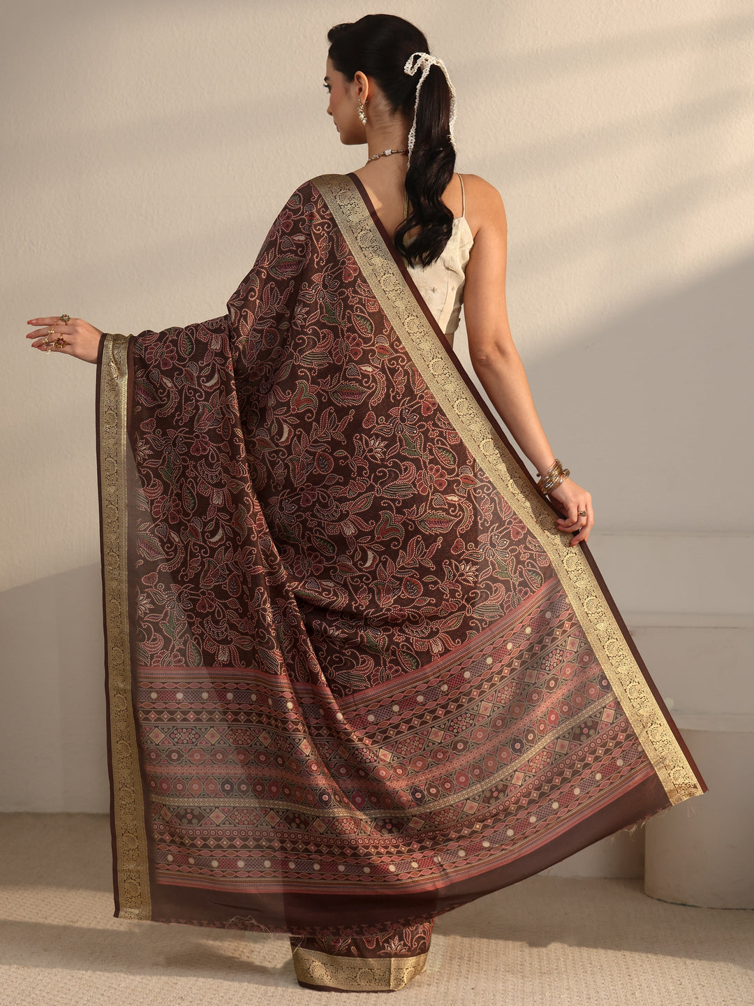 Libas Brown Floral Printed Silk Blend Saree with Woven Border 