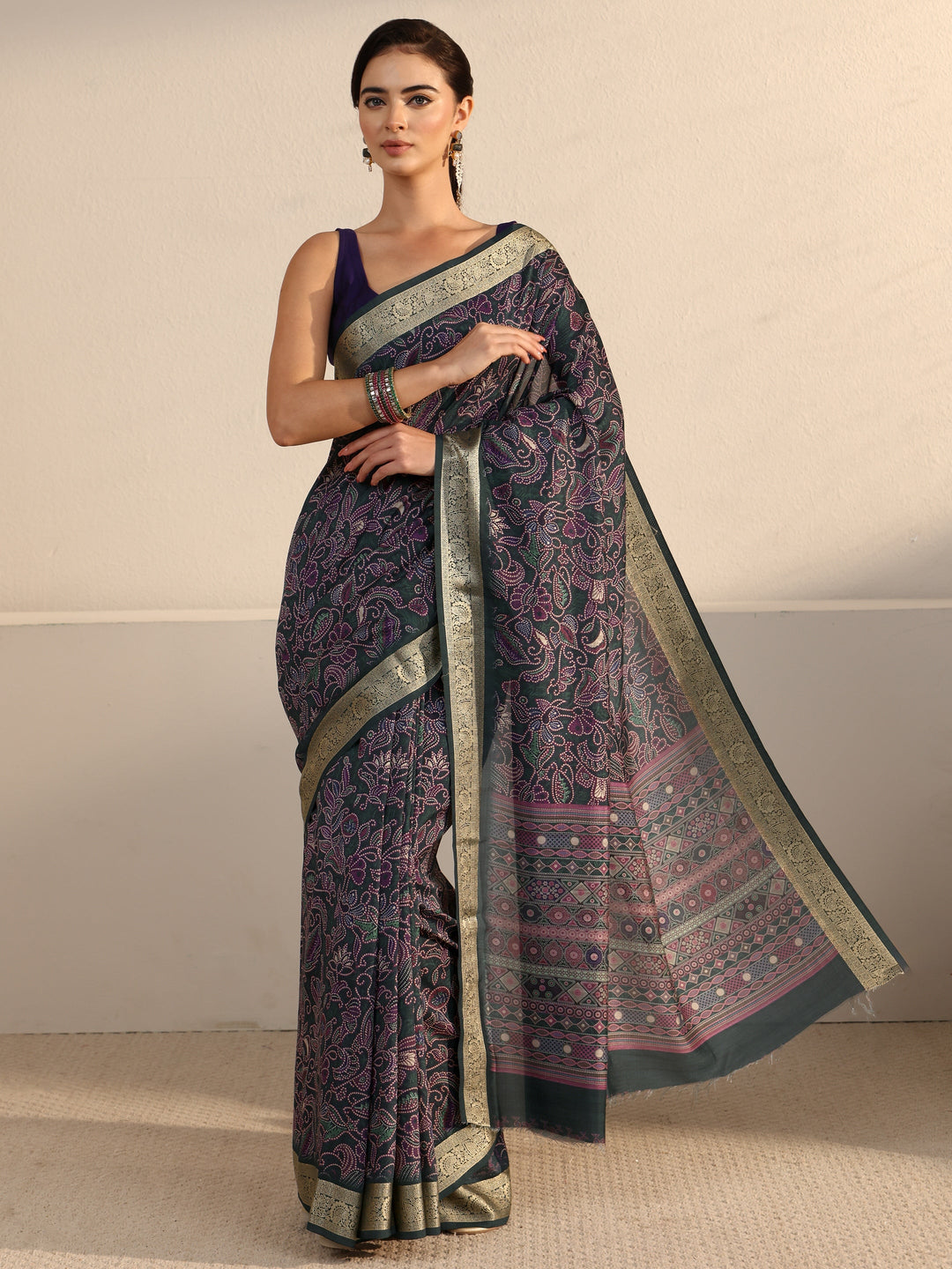  Libas Dark Green Floral Printed Silk Blend Saree with Woven Border 