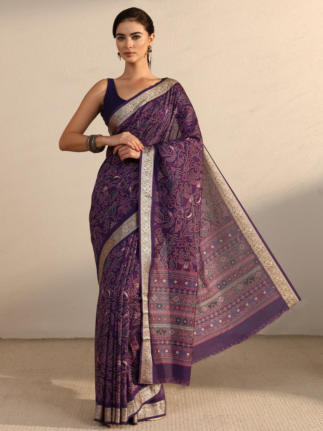  Libas Purple Floral Printed Silk Blend Saree with Woven Border 