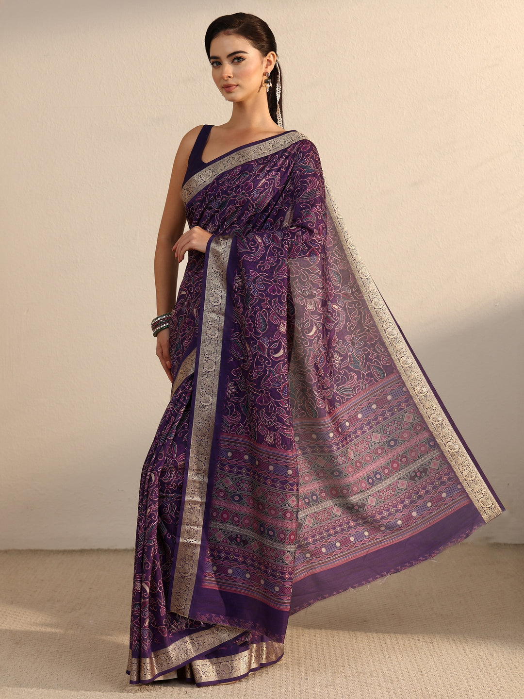  Libas Purple Floral Printed Silk Blend Saree with Woven Border 