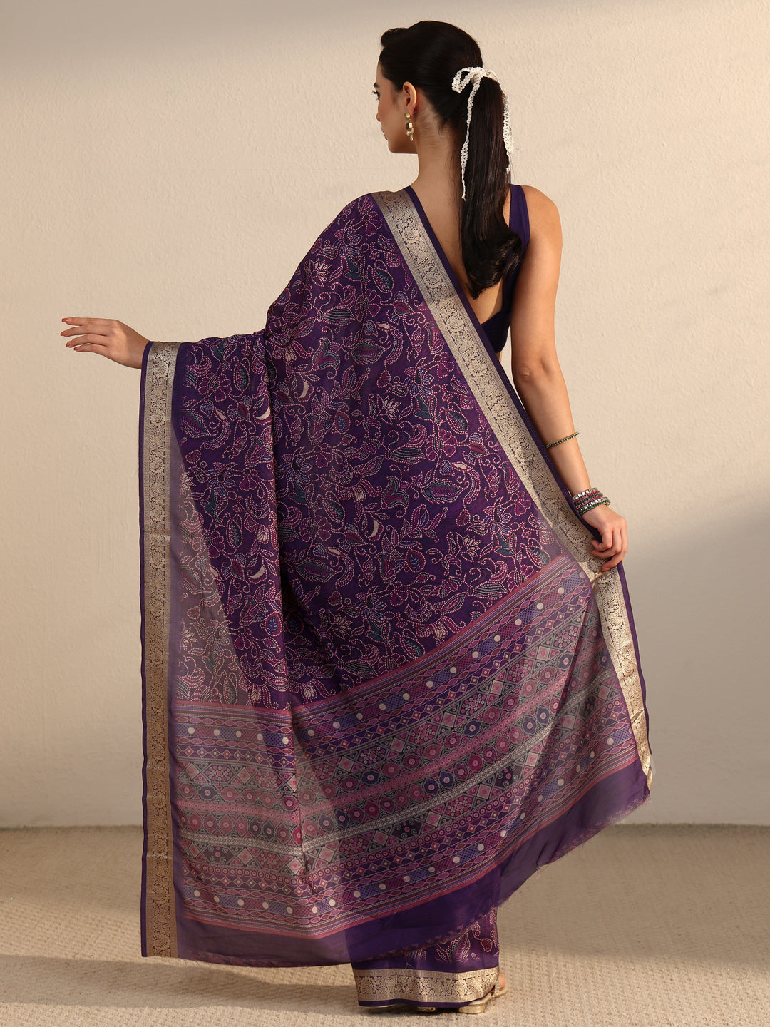  Libas Purple Floral Printed Silk Blend Saree with Woven Border 