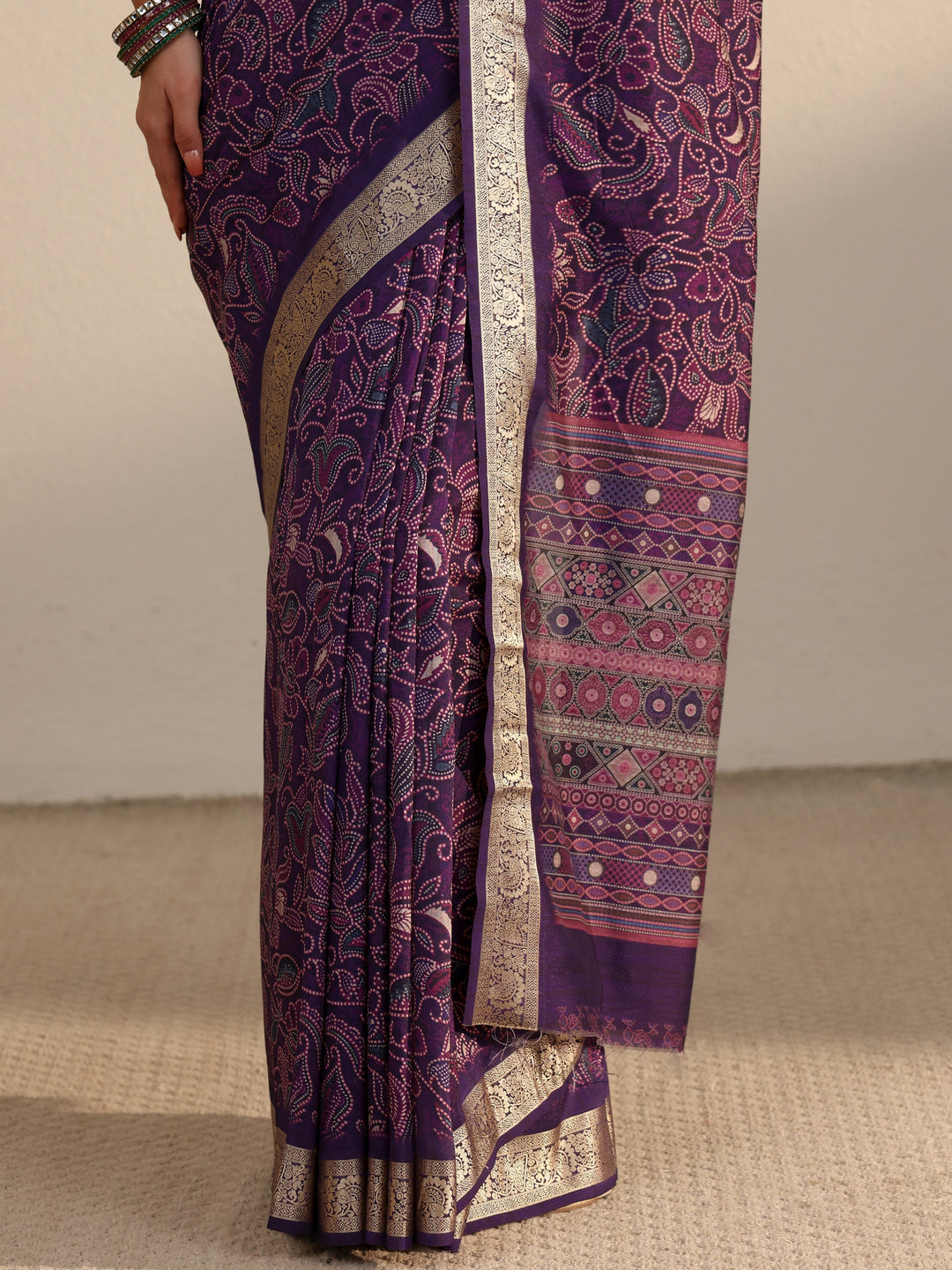  Libas Purple Floral Printed Silk Blend Saree with Woven Border 