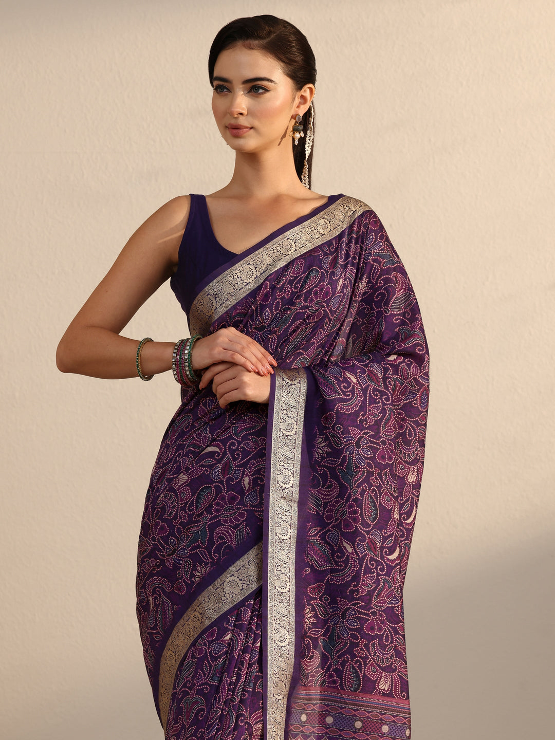  Libas Purple Floral Printed Silk Blend Saree with Woven Border 