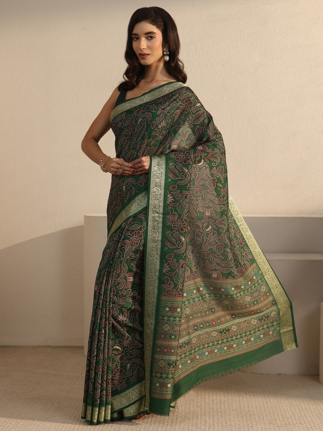  Libas Forest Green Floral Printed Silk Blend Saree with Woven Border 