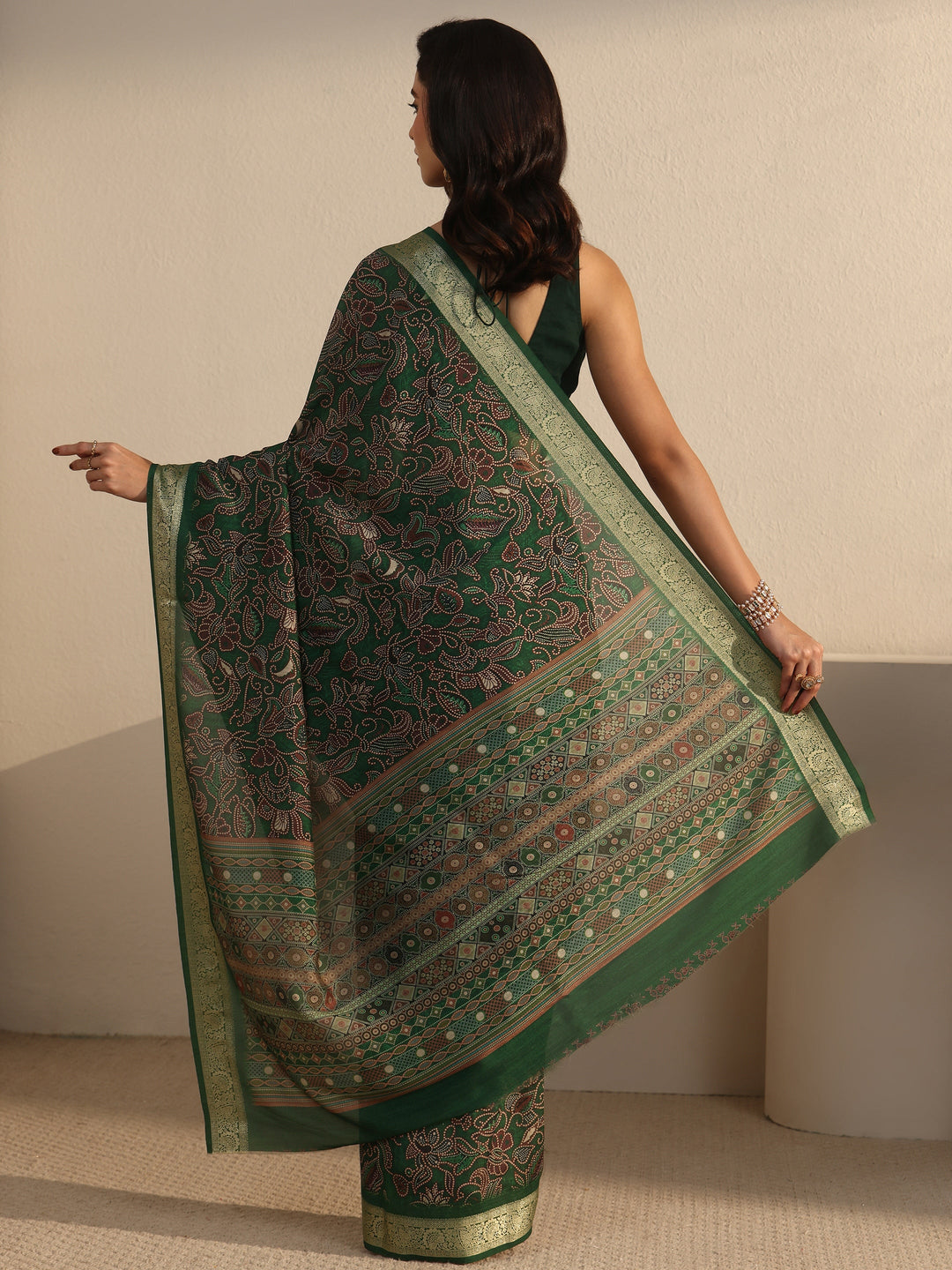  Libas Forest Green Floral Printed Silk Blend Saree with Woven Border 