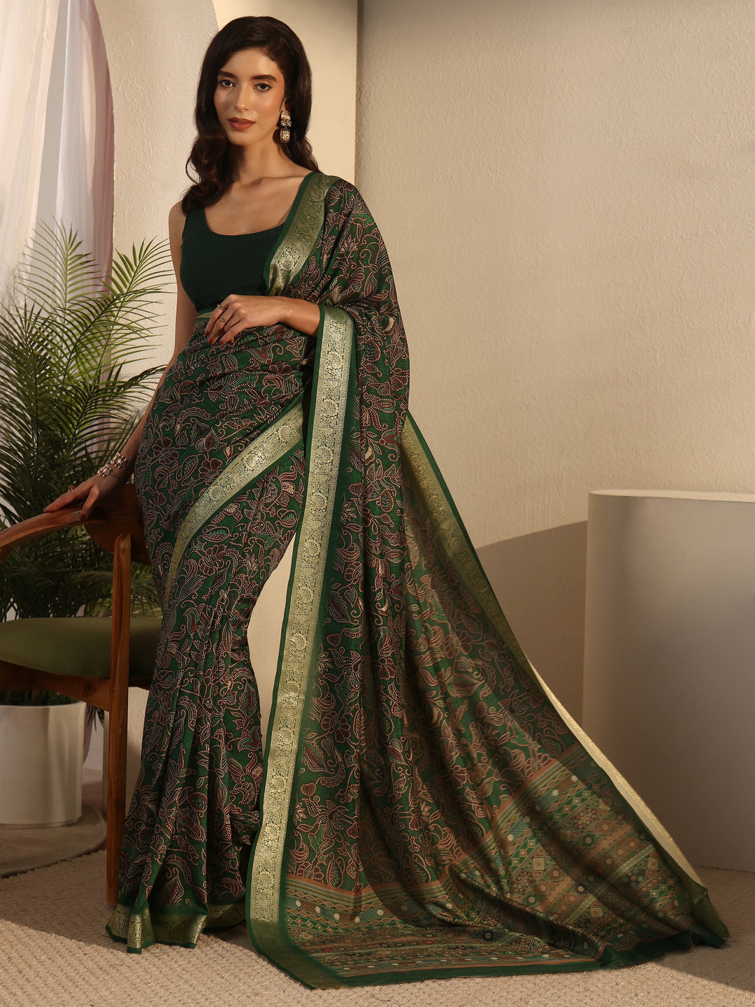  Libas Forest Green Floral Printed Silk Blend Saree with Woven Border 