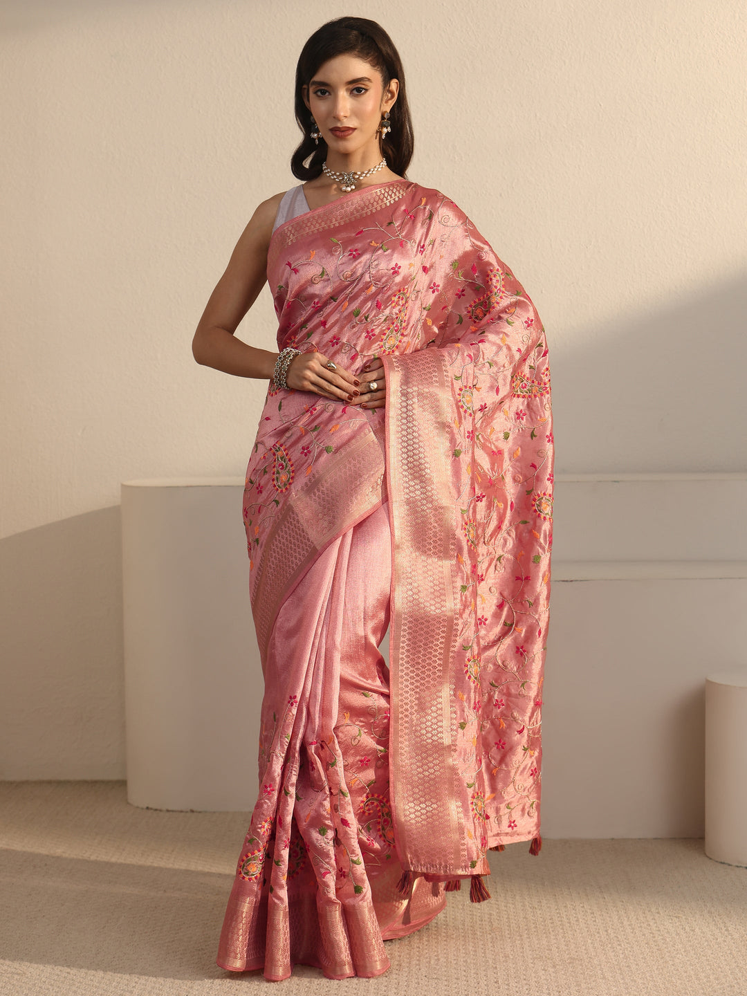  Libas Peach Pink Paisley Embroidered Silk Blend Tassel Saree 