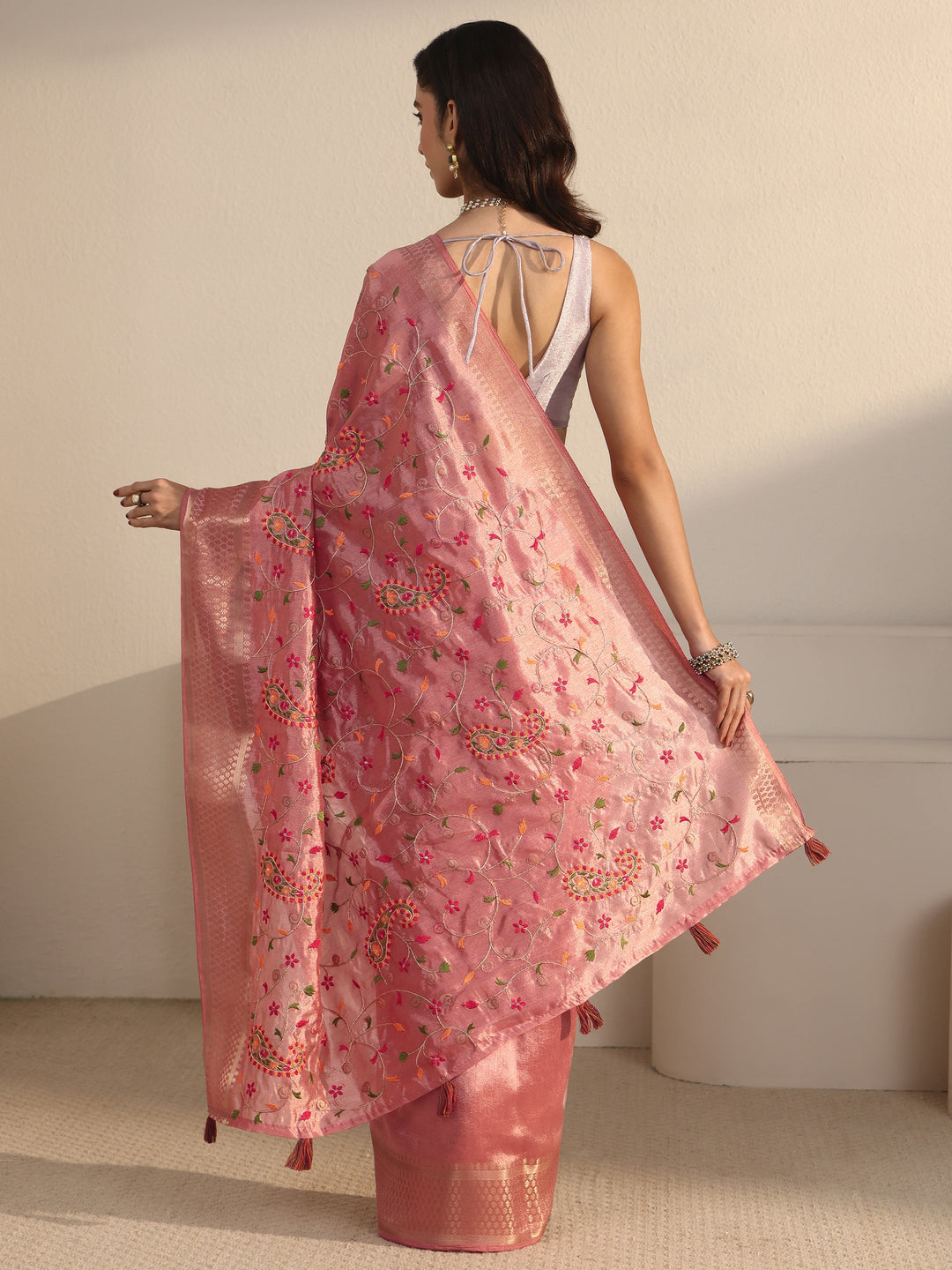  Libas Peach Pink Paisley Embroidered Silk Blend Tassel Saree 