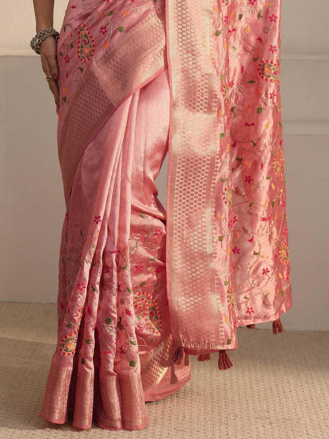  Libas Peach Pink Paisley Embroidered Silk Blend Tassel Saree 