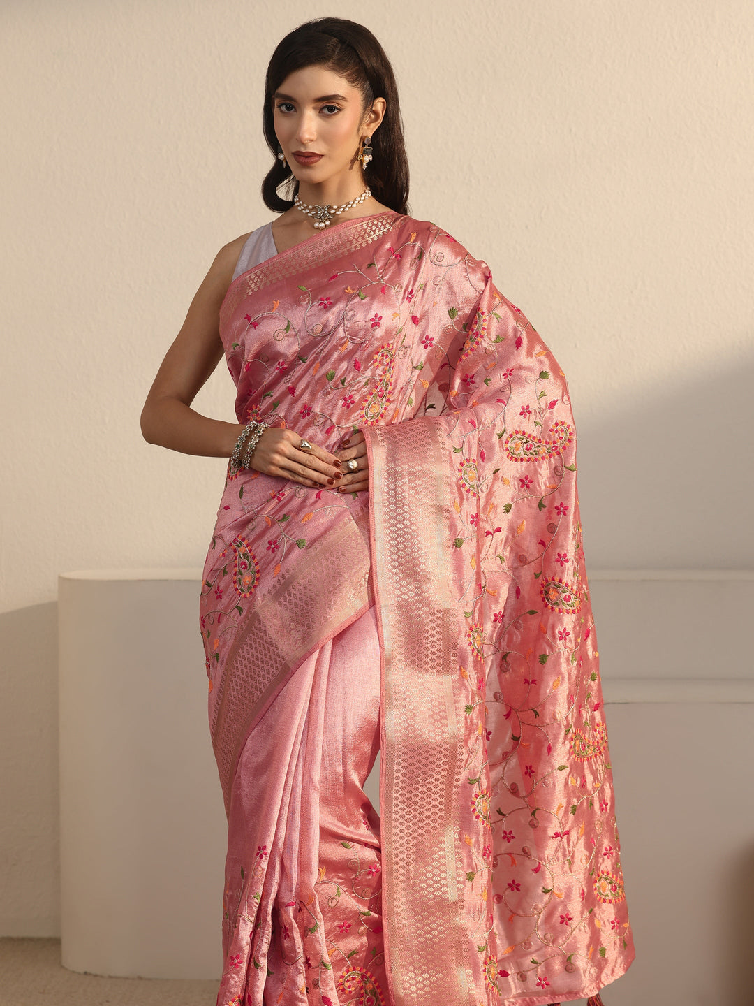  Libas Peach Pink Paisley Embroidered Silk Blend Tassel Saree 