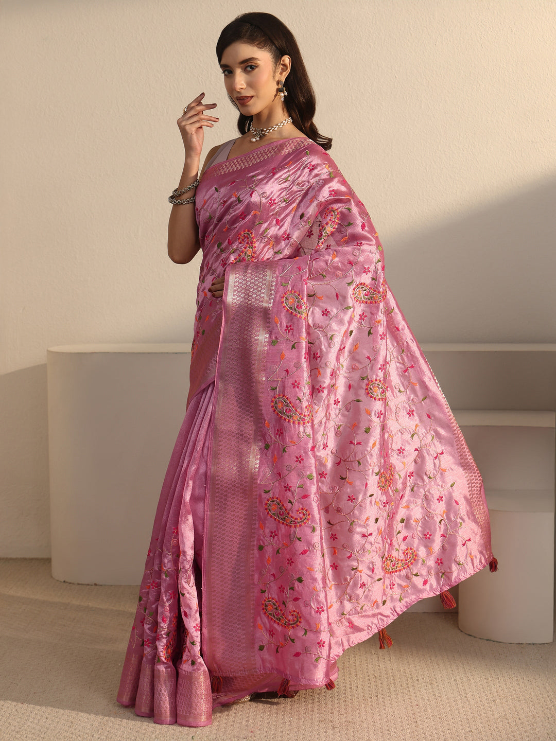  Libas Blush Pink Paisley Embroidered Silk Blend Tassel Saree 