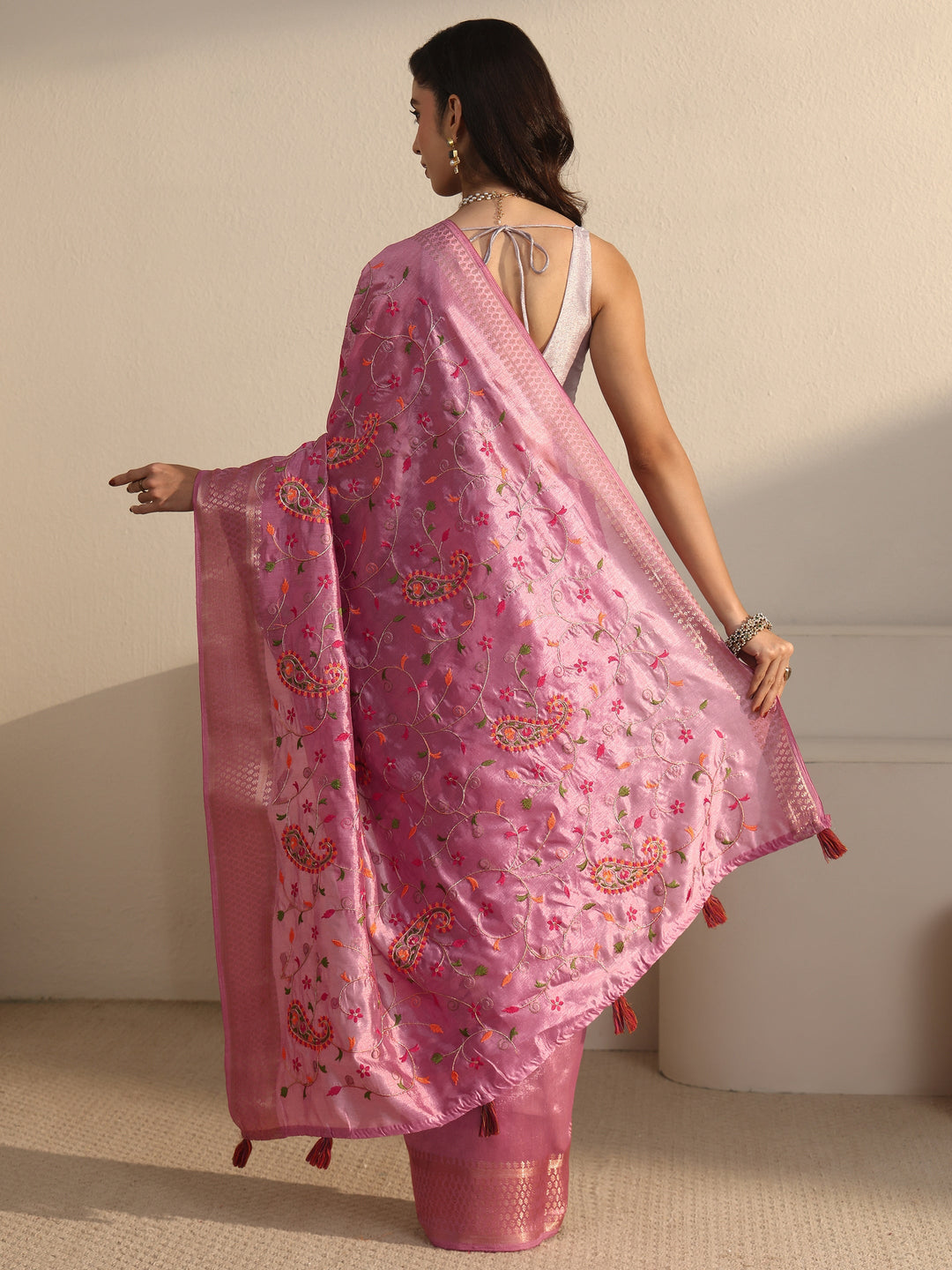  Libas Blush Pink Paisley Embroidered Silk Blend Tassel Saree 