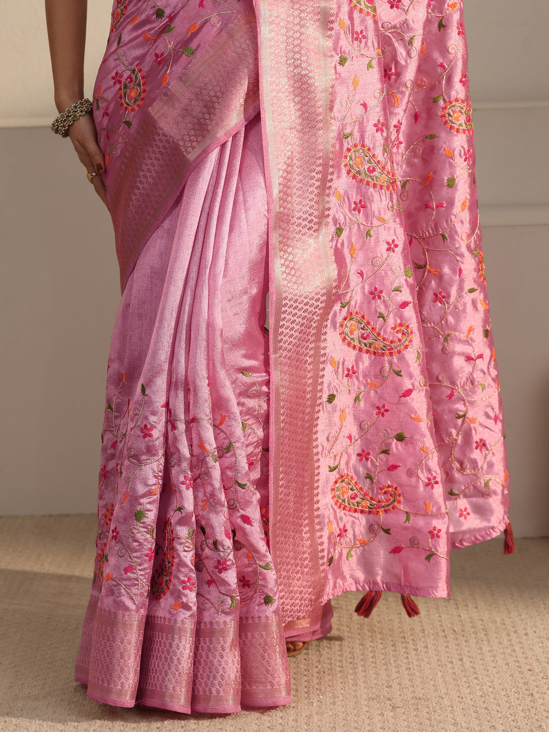  Libas Blush Pink Paisley Embroidered Silk Blend Tassel Saree 