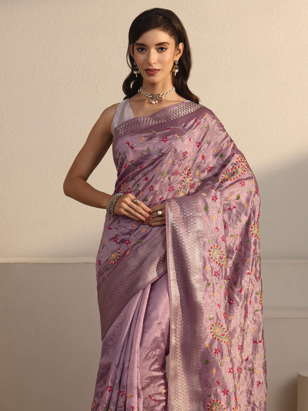  Libas Lavender Paisley Embroidered Silk Blend Tassel Saree 