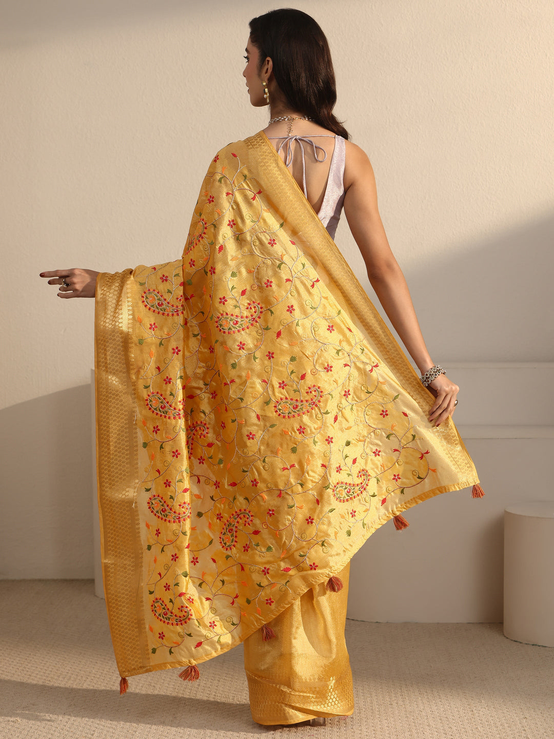  Libas Mustard Paisley Embroidered Silk Blend Tassel Saree 