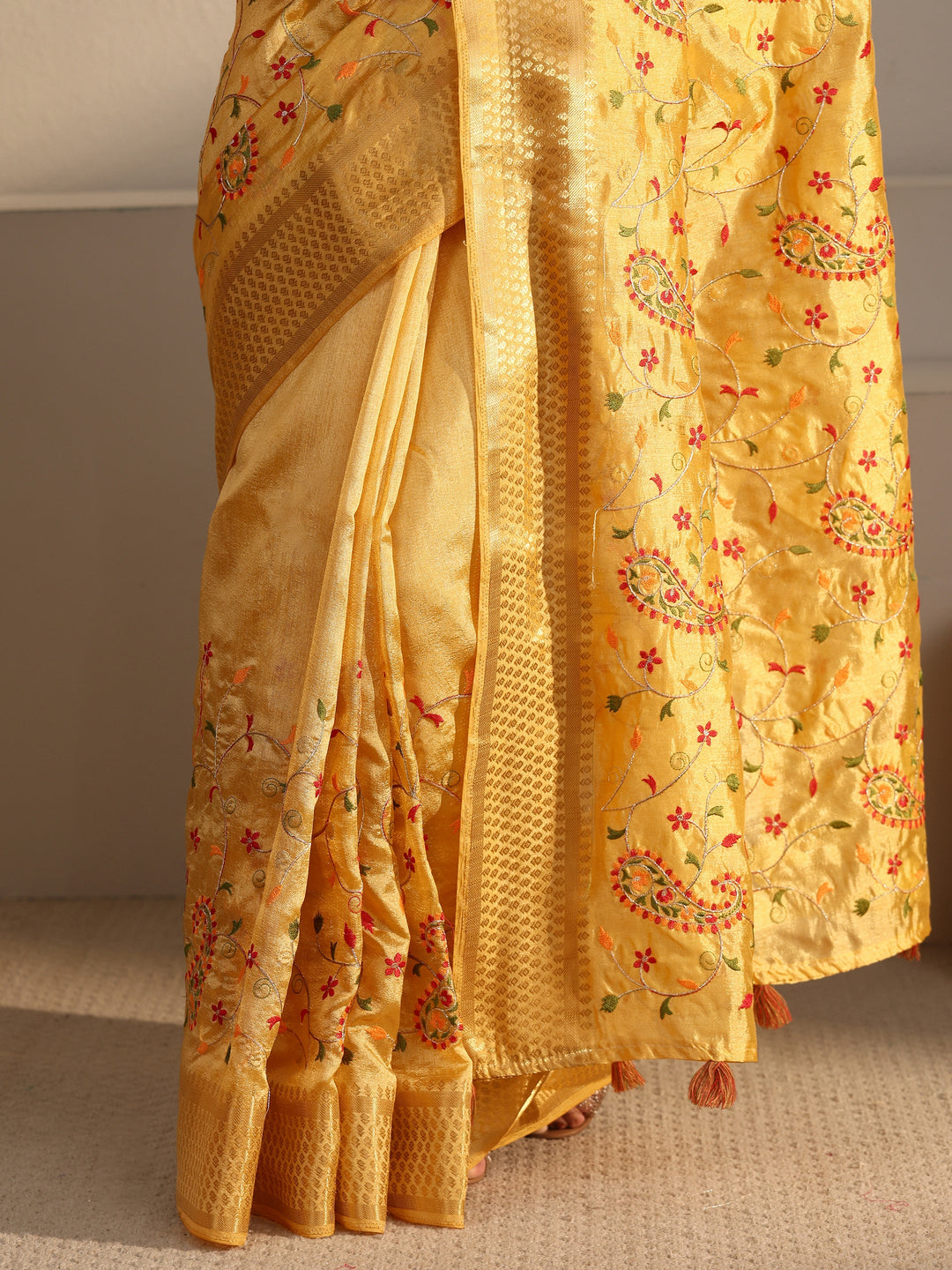  Libas Mustard Paisley Embroidered Silk Blend Tassel Saree 