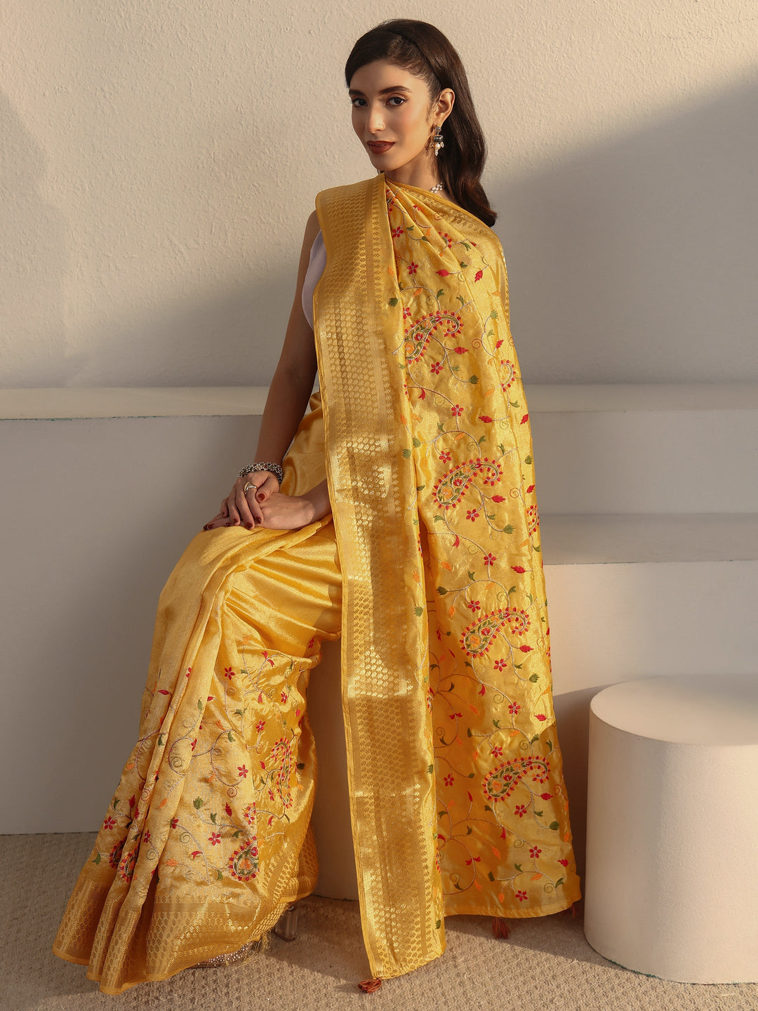  Libas Mustard Paisley Embroidered Silk Blend Tassel Saree 