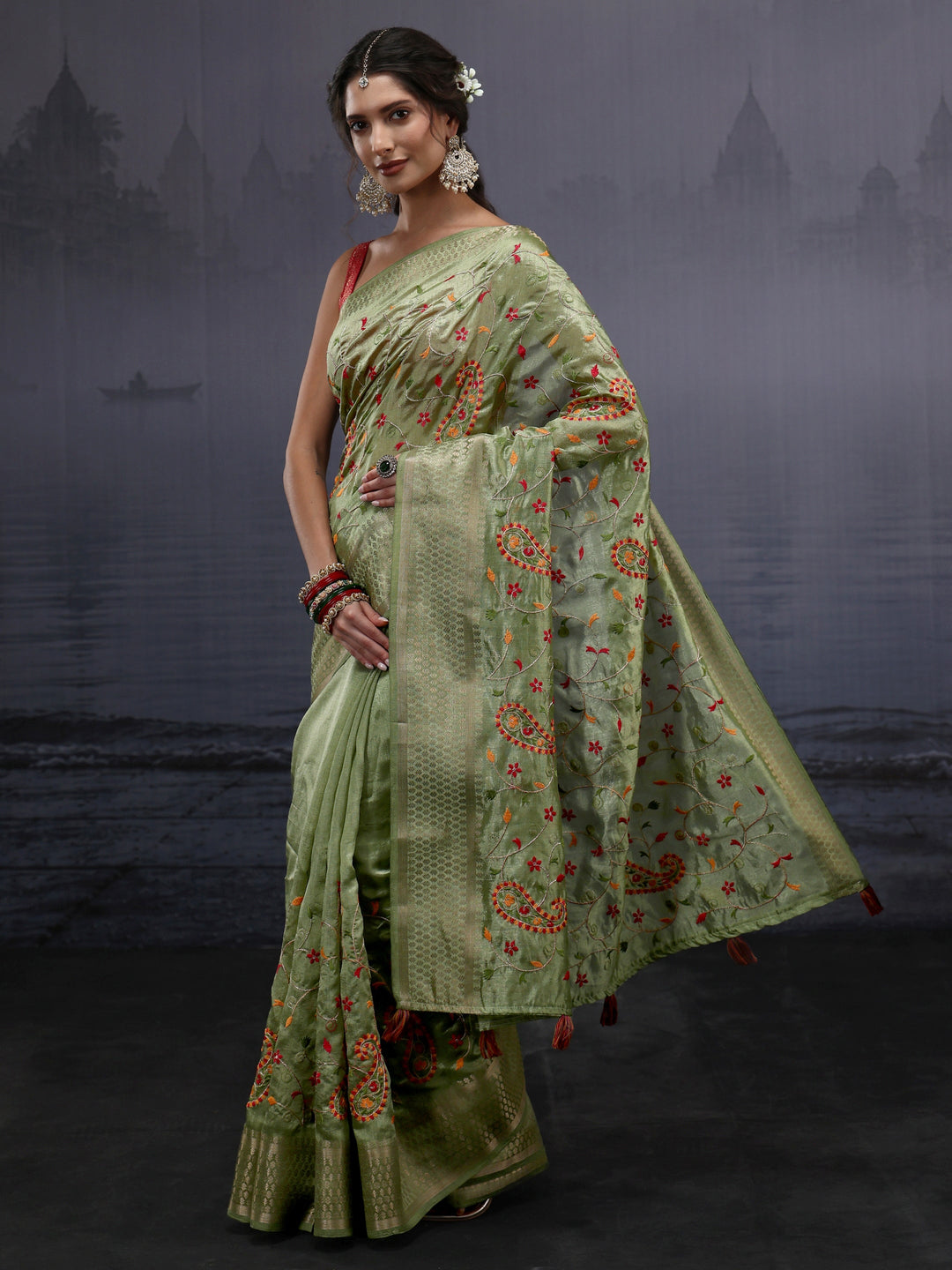  Libas Green Paisley Embroidered Silk Blend Saree 