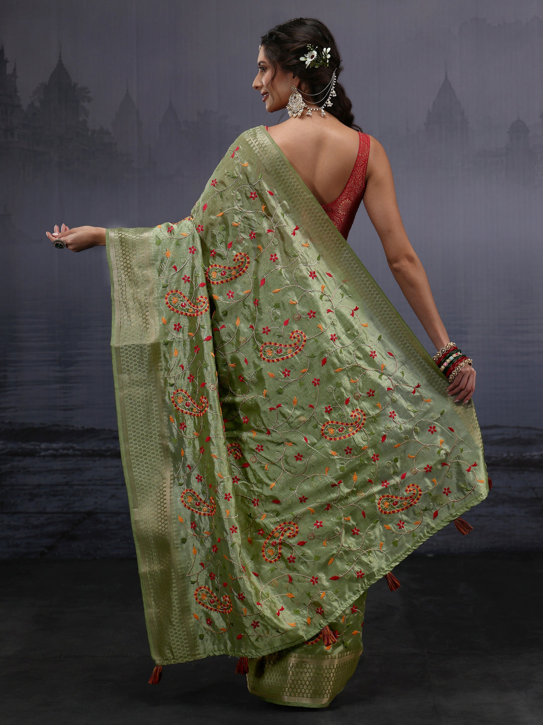 Libas Green Paisley Embroidered Silk Blend Saree 