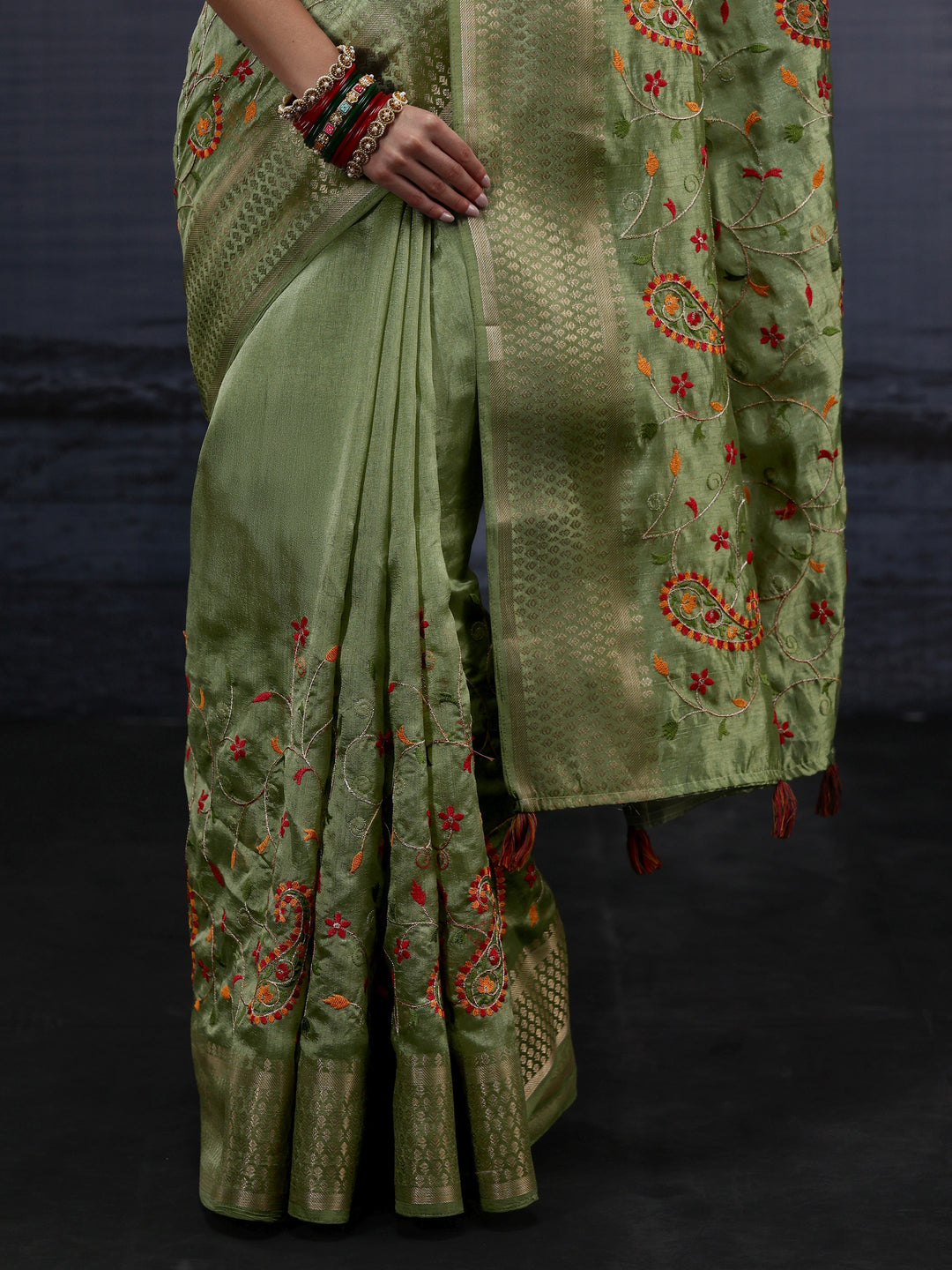  Libas Green Paisley Embroidered Silk Blend Saree 