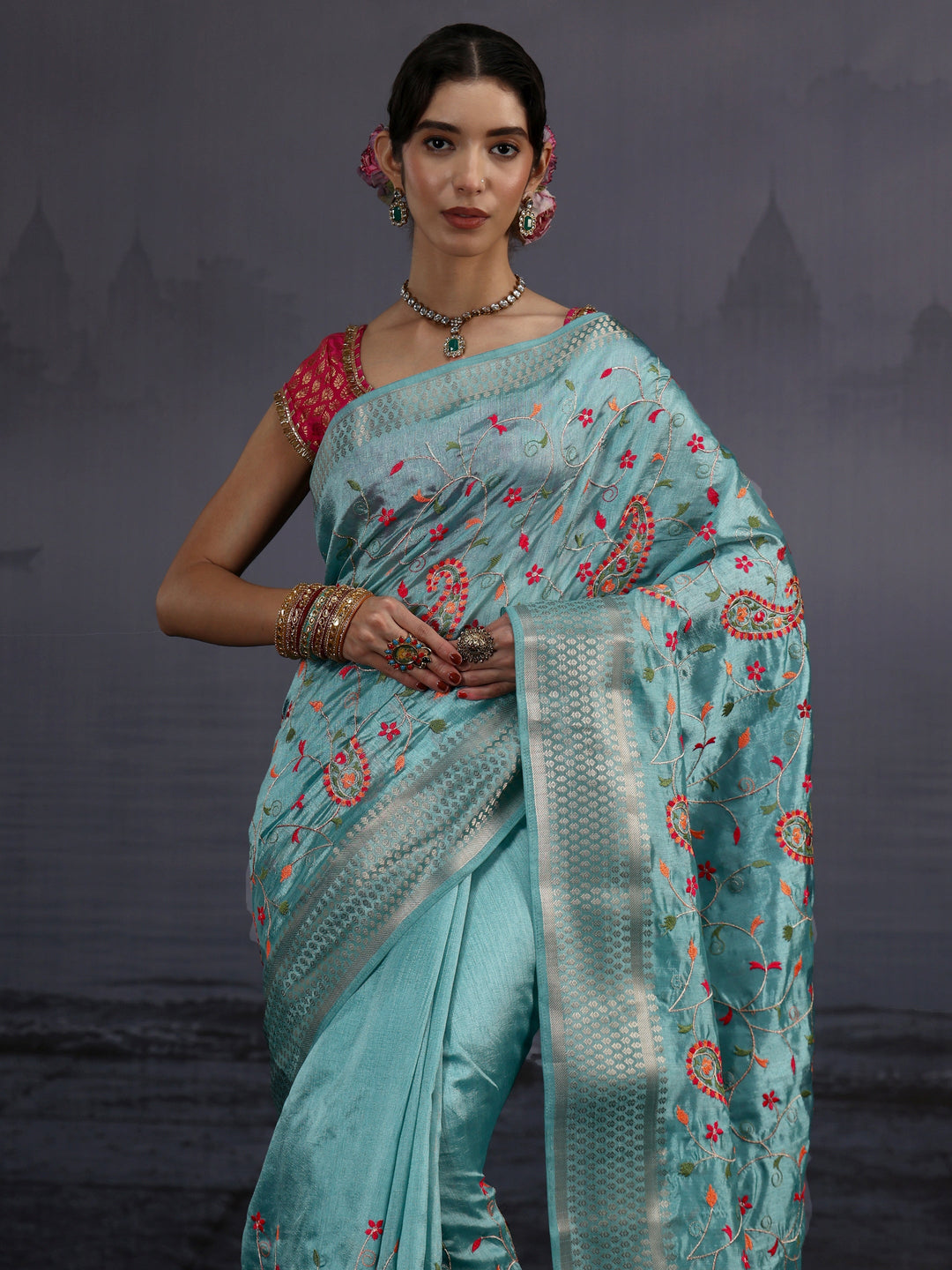  Libas Blue Paisley Embroidered Silk Blend Saree 