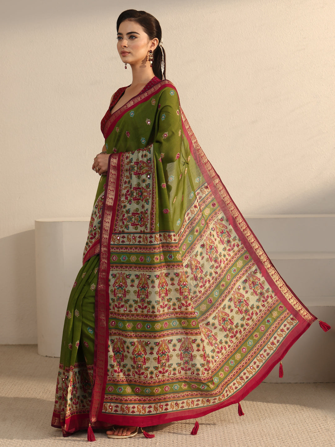  Libas Green and Red Printed Mirror Work Silk Blend Tassel Saree 