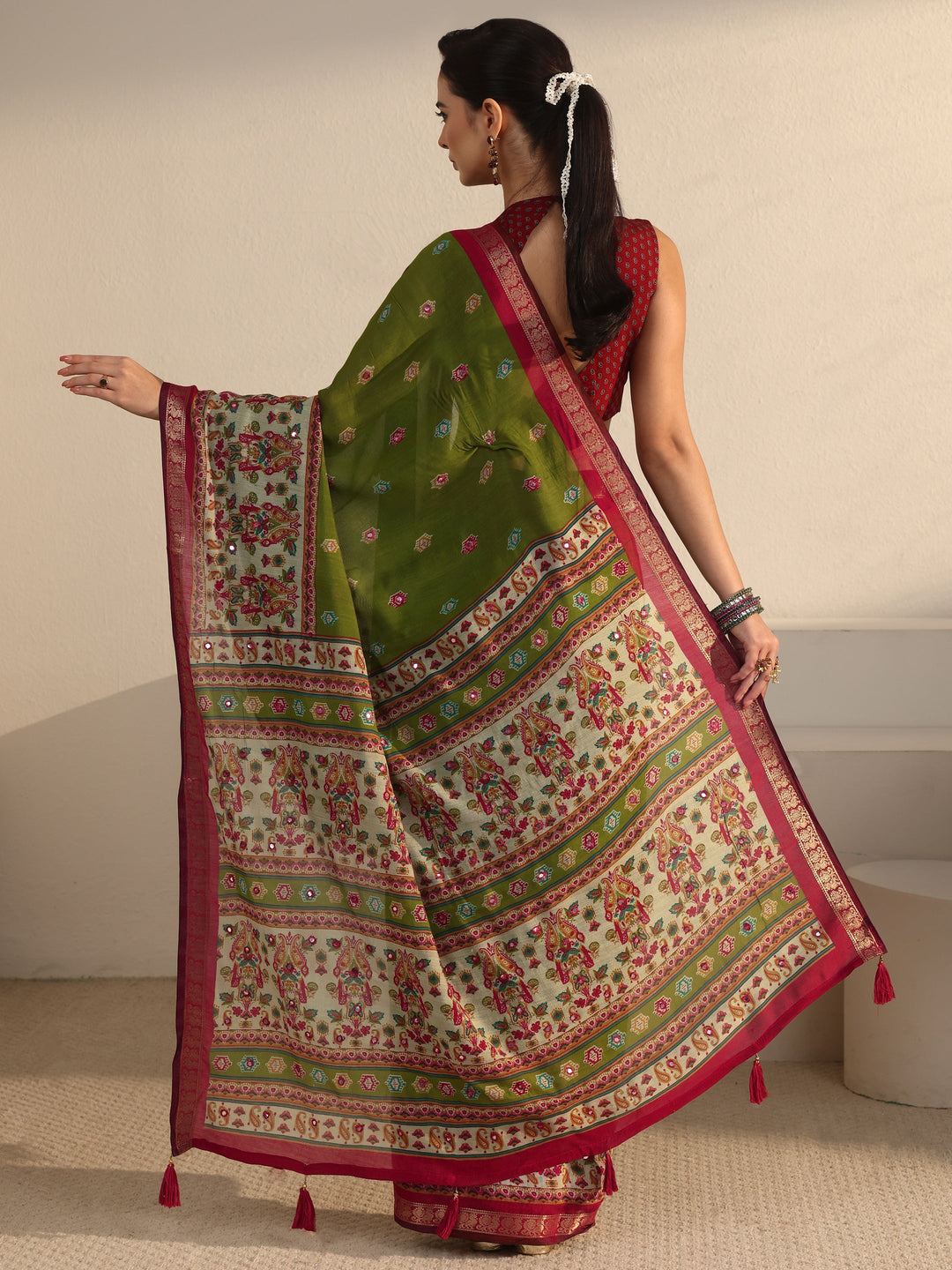  Libas Green and Red Printed Mirror Work Silk Blend Tassel Saree 