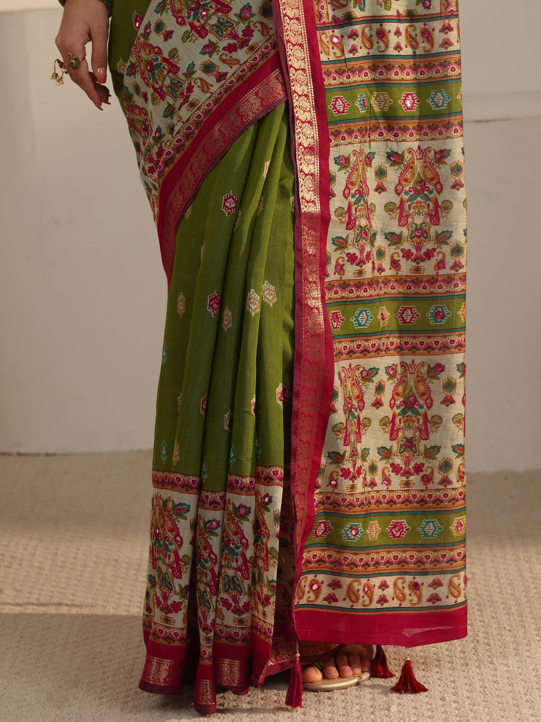  Libas Green and Red Printed Mirror Work Silk Blend Tassel Saree 