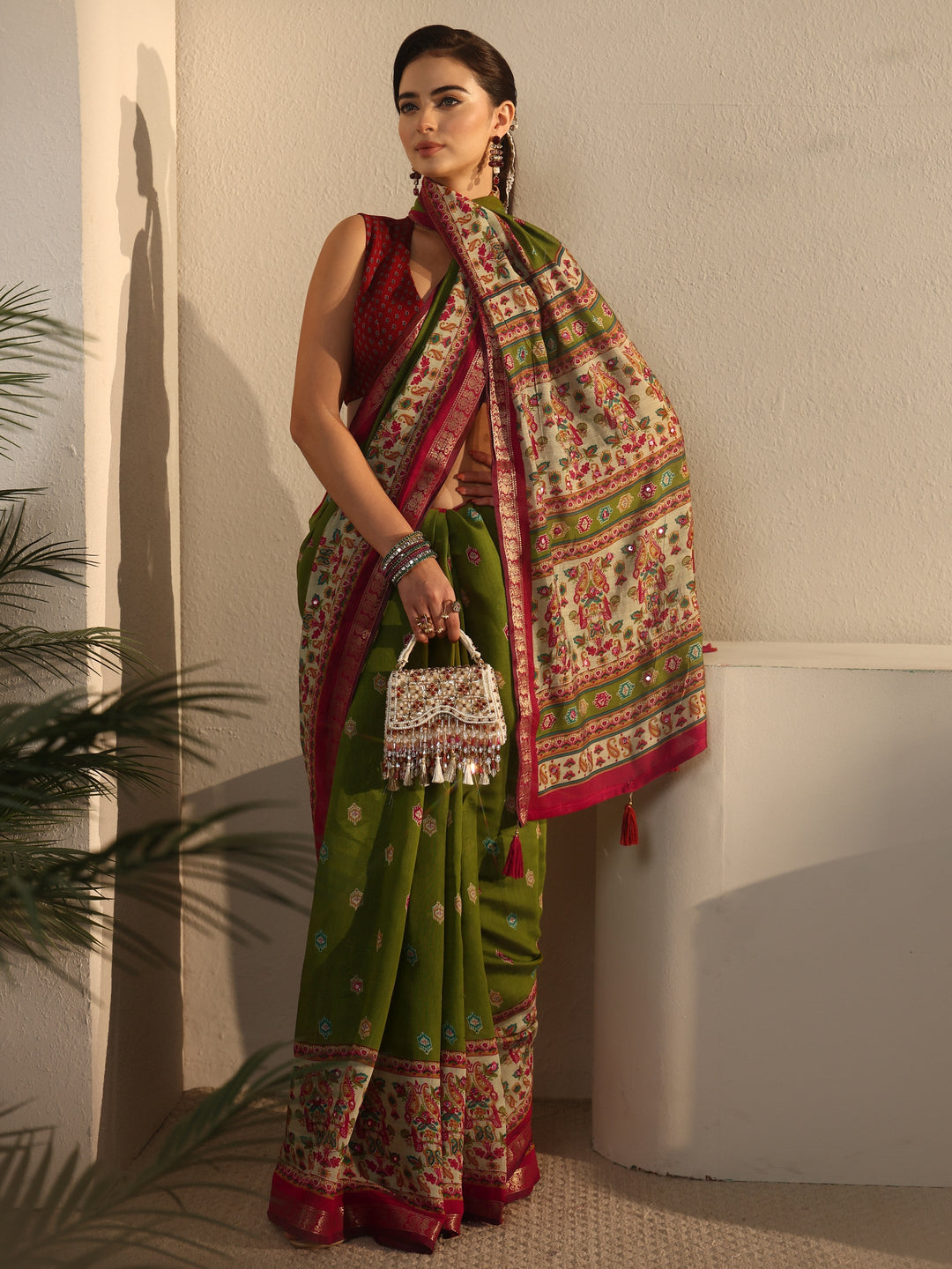  Libas Green and Red Printed Mirror Work Silk Blend Tassel Saree 