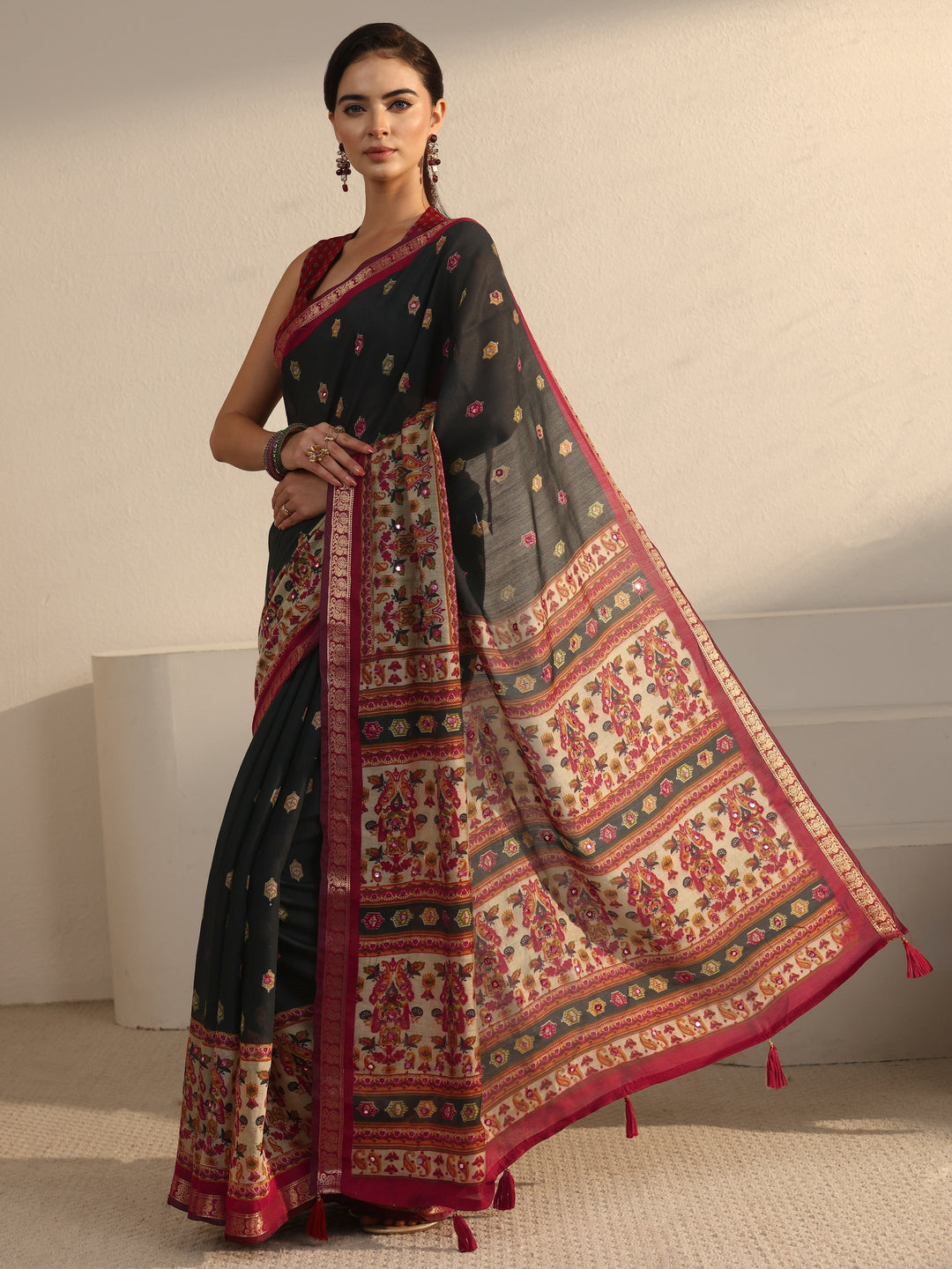  Libas Black and Red Printed Mirror Work Silk Blend Tassel Saree 
