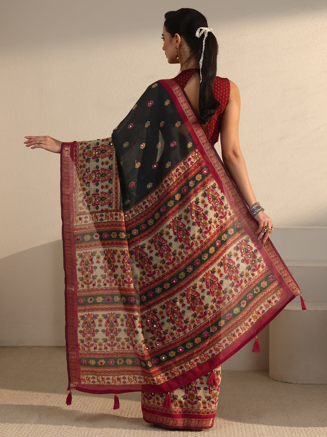  Libas Black and Red Printed Mirror Work Silk Blend Tassel Saree 