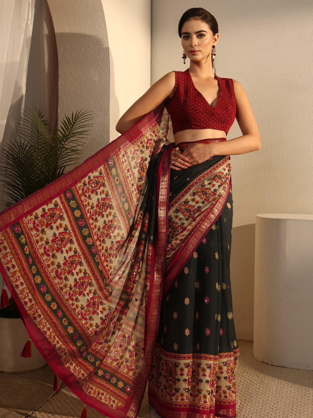  Libas Black and Red Printed Mirror Work Silk Blend Tassel Saree 