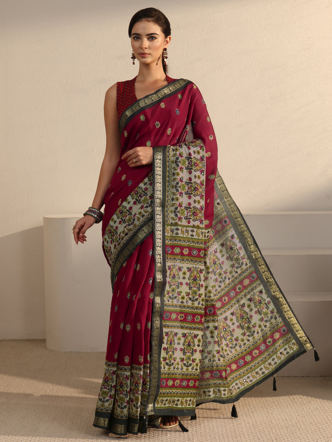  Libas Maroon Printed Mirror Work Silk Blend Tassel Saree 