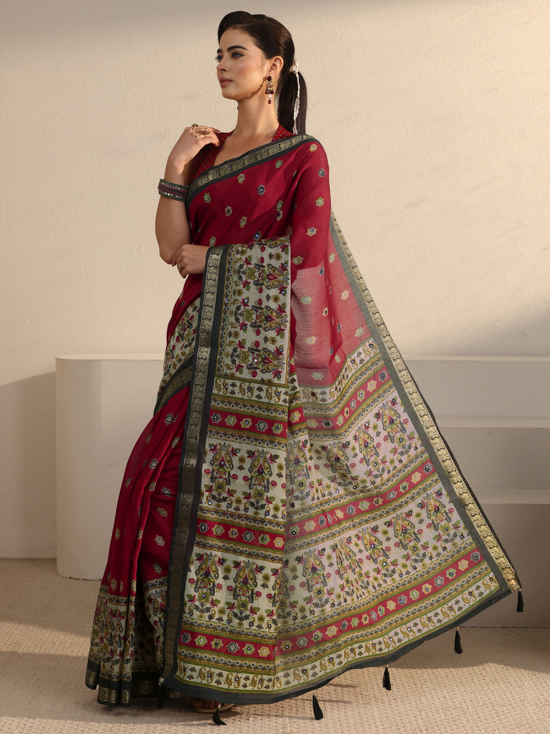 Libas Maroon Printed Mirror Work Silk Blend Tassel Saree 