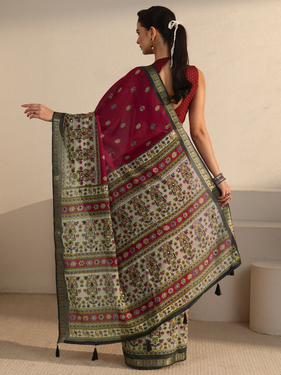  Libas Maroon Printed Mirror Work Silk Blend Tassel Saree 
