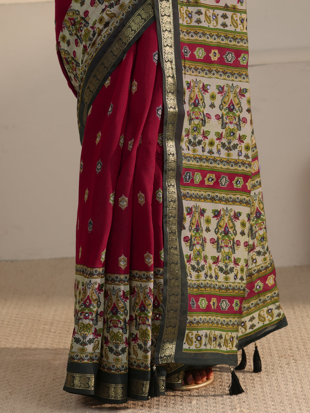  Libas Maroon Printed Mirror Work Silk Blend Tassel Saree 