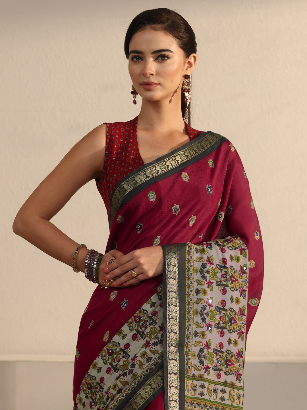  Libas Maroon Printed Mirror Work Silk Blend Tassel Saree 