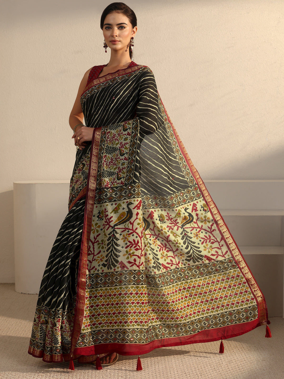  Libas Black and Red Leheriya Printed Silk Blend Tassel Saree 